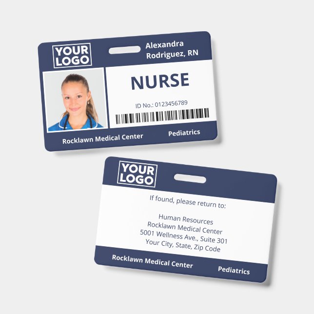 Employee Photo Logo Barcode Navy Blue Hospital ID Badge (Front & Back)