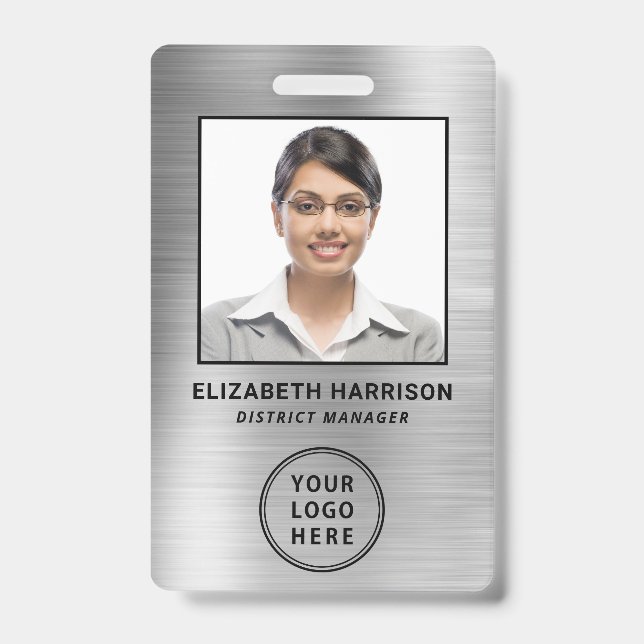 Employee Photo Logo QR Bar Codes Silver ID Badge (Front)