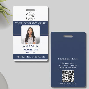 Employee Photo Logo QR Code Navy Blue White ID Badge