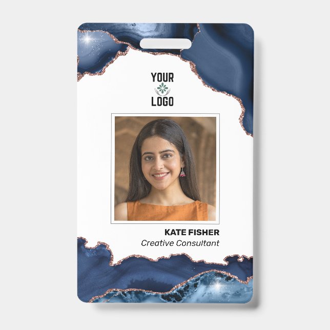 Employee Photo Modern Navy Blue Rose Gold Agate ID Badge (Front)