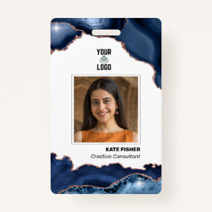 Employee Photo Modern Navy Blue Rose Gold Agate ID Badge