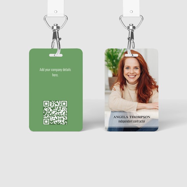 Employee Photo Name and Title QR Code Green ID Badge (Simple photo badges with a full bleed photo template. )