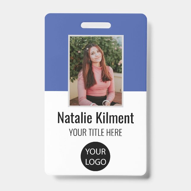 Employee Photo Name Logo Bar Code Blue and White ID Badge (Front)