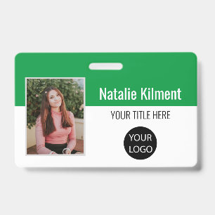 Employee Photo Name Logo Bar Code Green and White ID Badge