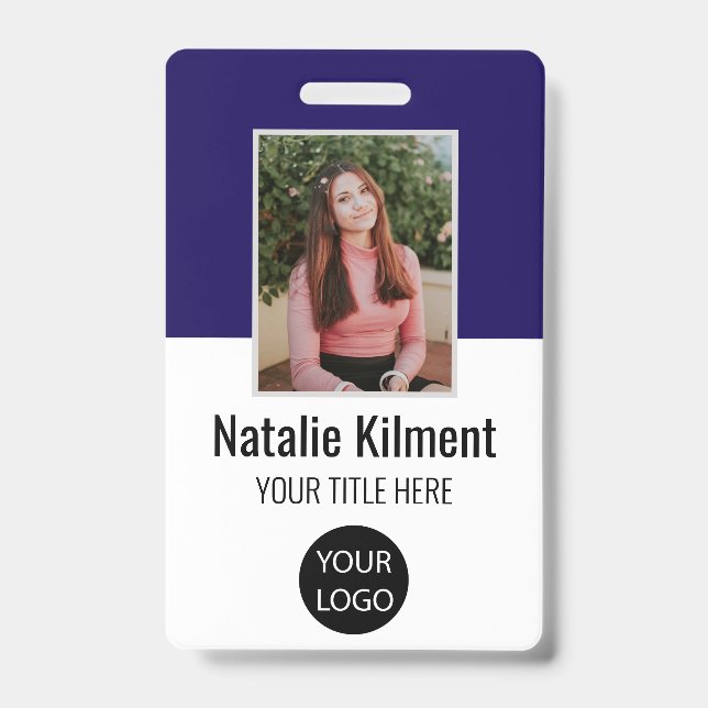 Employee Photo Name Logo Bar Code Navy Blue ID Badge (Front)