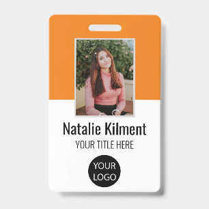 Employee Photo Name Logo Bar Code Orange and White ID Badge