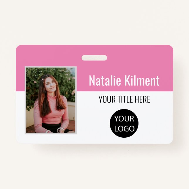 Employee Photo Name Logo Bar Code Pink and White ID Badge (Front)