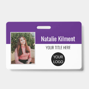 Employee Photo Name Logo Bar Code Purple and White ID Badge