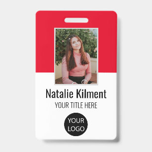 Employee Photo Name Logo Bar Code Red Black White ID Badge