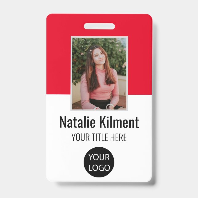 Employee Photo Name Logo Bar Code Red Black White ID Badge (Front)