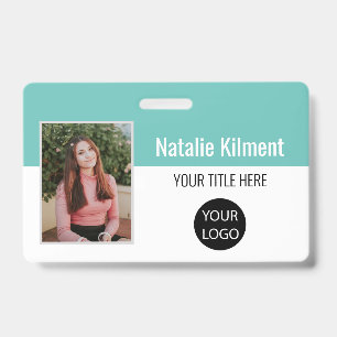 Employee Photo Name Logo Bar Code Teal and White ID Badge