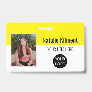 Employee Photo Name Logo Bar Code Yellow and White ID Badge