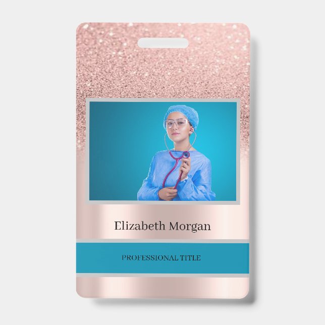 Employee Photo Rose Gold Glitter ID Badge (Front)