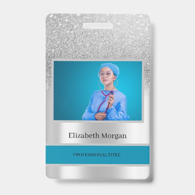 Employee Photo Silver Glitter Bokeh ID Badge (Front)
