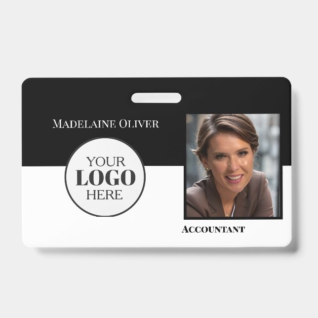 Employee QR Code ID Black White Logo Photo Badge (Front)