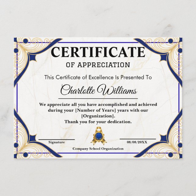 Employee Recognition Certificate Blue Gold (Front)