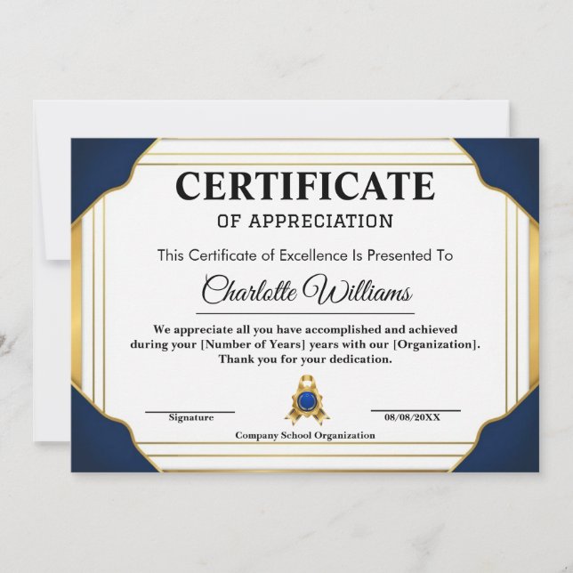 Employee Recognition Certificate Blue Gold 2026 Invitation (Front)