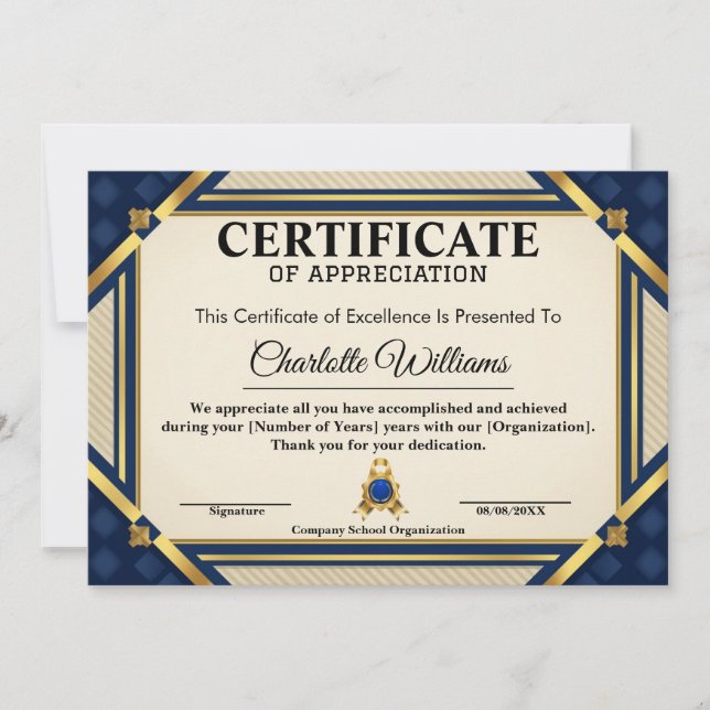 Employee Recognition Certificate Blue Gold 2026 Invitation (Front)