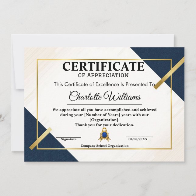 Employee Recognition Certificate Blue Gold 2026 Invitation (Front)