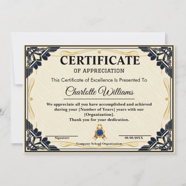 Employee Recognition Certificate Blue Gold Invitation (Front)