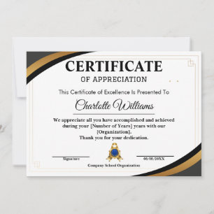 Employee Recognition Certificate Blue Gold Invitation
