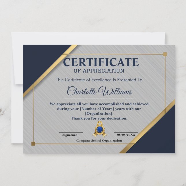Employee Recognition Certificate Blue Gold Invitation (Front)