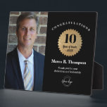 Employee Recognition Photo 10 Year service Custom Plaque<br><div class="desc">Celebrate a milestone moment with this modern custom employee recognition photo plaque, designed for honoring 10 Years of Service in style. Featuring a bold black background, faux-gold badge, personalized employee name, company logo, and an optional photo, this appreciation award is perfect for recognizing dedication, loyalty, and leadership. Customize the text,...</div>