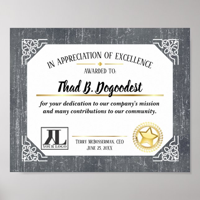 Employee volunteer recognition excellence cert poster (Front)