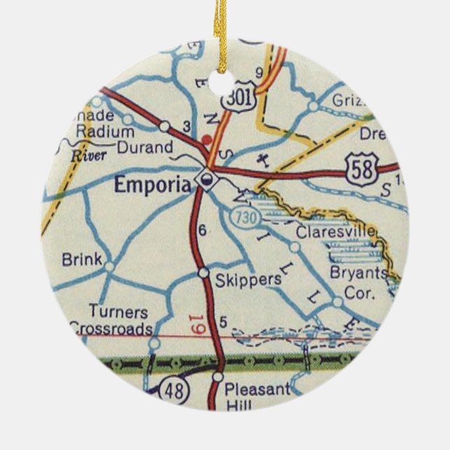 Emporia VA Vintage Map Ceramic Ornament (Back)