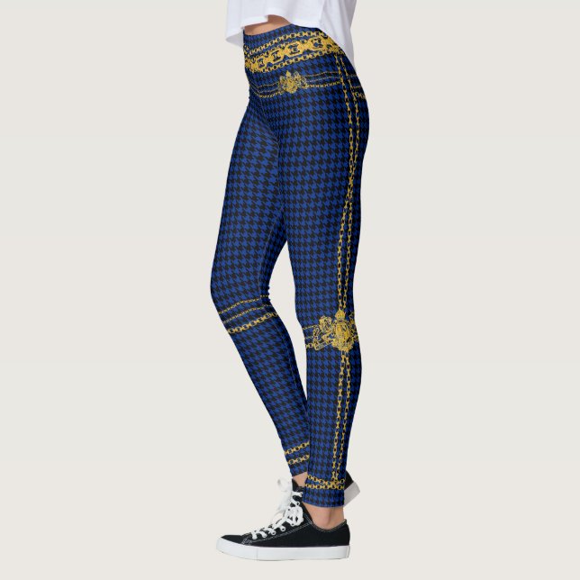 Empress Gold Chain Emblem Black Blue Houndstooth Leggings (Left)