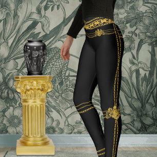 Empress Gold Chain Lion Emblem Black Leggings