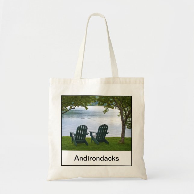 Empty Adirondack Chairs facing a Lake in NY, USA Tote Bag (Front)