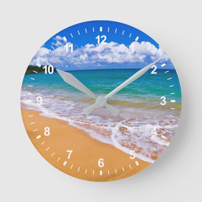 Empty Beach And Blue Waters Round Clock (Front)