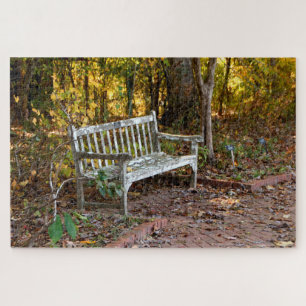 Empty bench chair at forest area jigsaw puzzle