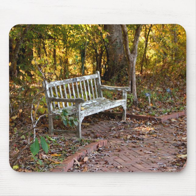 Empty bench chair at forest area mouse pad (Front)