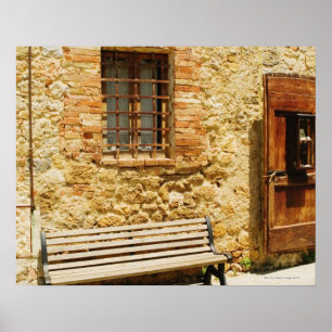 Empty bench in front of a wall, Monteriggioni, Poster