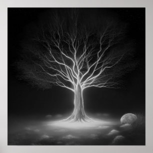 Empty Branches Glowing Tree - B&W Poster