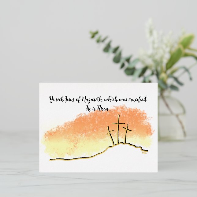 Empty Crosses He is Risen Christian Easter Foil Holiday Postcard (Standing Front)