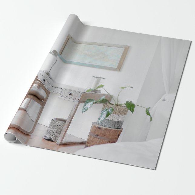 EMPTY DESK NEAR CURTAIN WRAPPING PAPER (Unrolled)