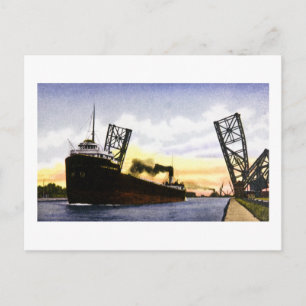 Empty Freighter Passing Bascule Bridge, Soo Locks Postcard