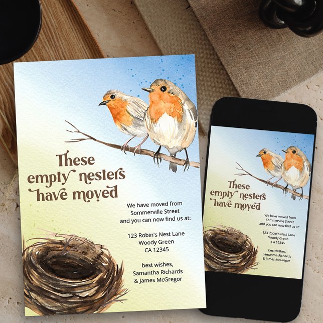 Empty Nest Watercolor Moving Announcement (cute red robins new address card available printed or as printable digital download)