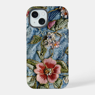 Emroidered Jewel Floral Denim Texture iPhone 15 Case