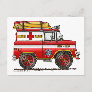 EMS Rescue Van Ambulance Fire Truck Postcard