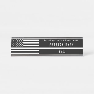 EMS Thin White Line American Flag Monogrammed Desk Name Plate