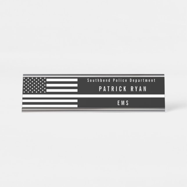 EMS Thin White Line American Flag Monogrammed Desk Name Plate (Front)