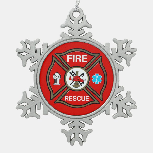 EMT Firefighter Maltese Cross Snowflake Pewter Christmas Ornament (Front)