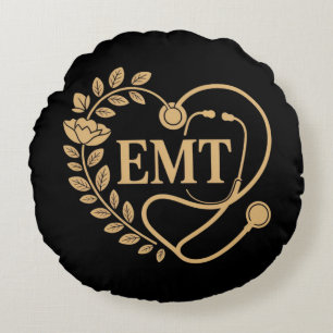 EMT Heart – Gold Floral Stethoscope Round Cushion