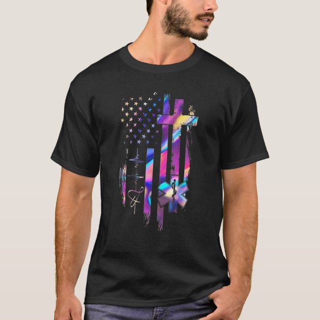 Emt Heartbeat American Flag Hologram T-Shirt (Front)