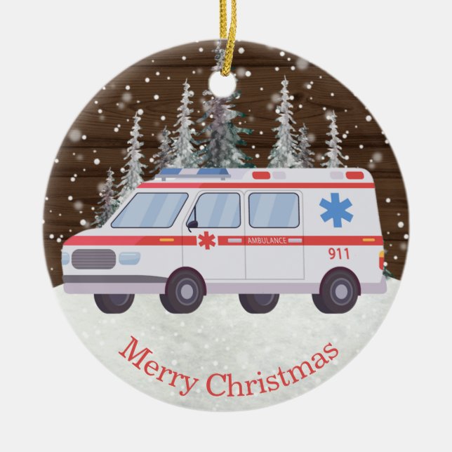 EMT Parmedic Ambulance Christmas Ceramic Ornament (Front)