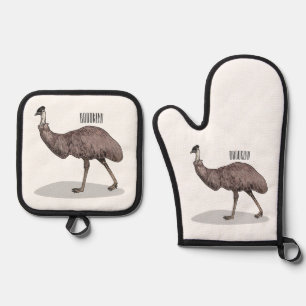 Emu bird cartoon illustration oven mitt & pot holder set